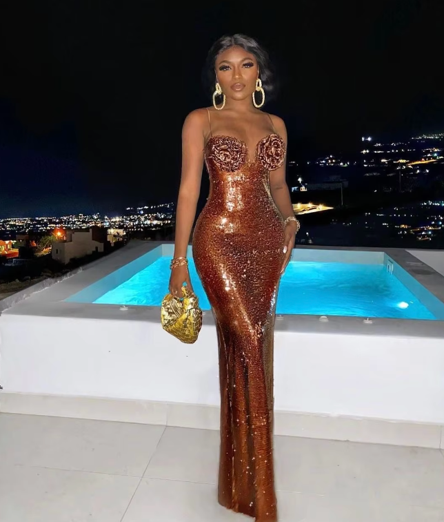 MARYANA - MAXI BROWN SEQIN FLOWER DRESS